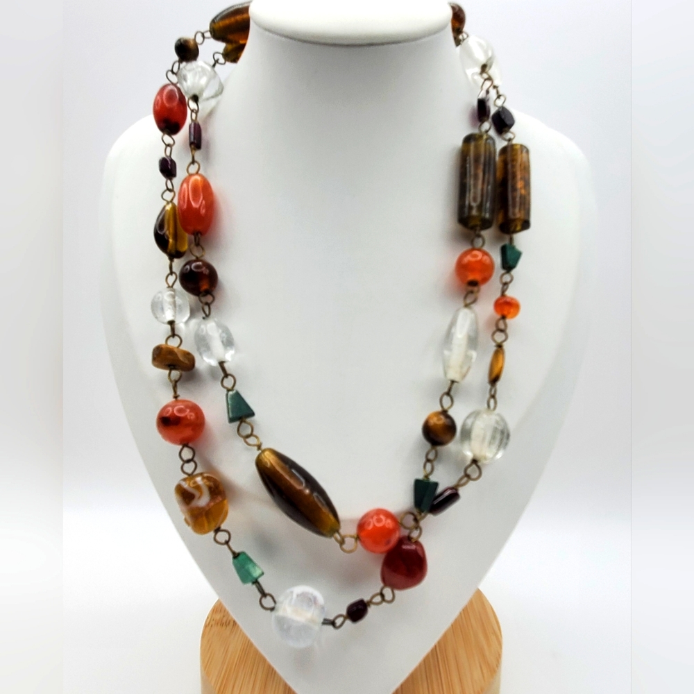Stone & Glass Beaded Necklace Chain Link Artisan Vintage 33" L Malachite Quartz